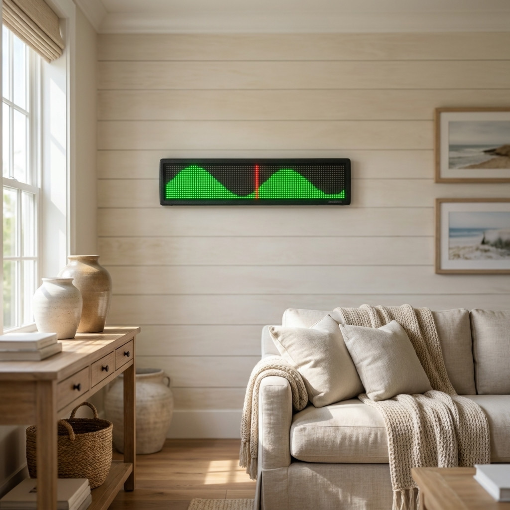 A Tidepiece hung in a coastal sitting room above a linen sofa, showing the day&rsquo;s tide as a green curve with a red line marking now
