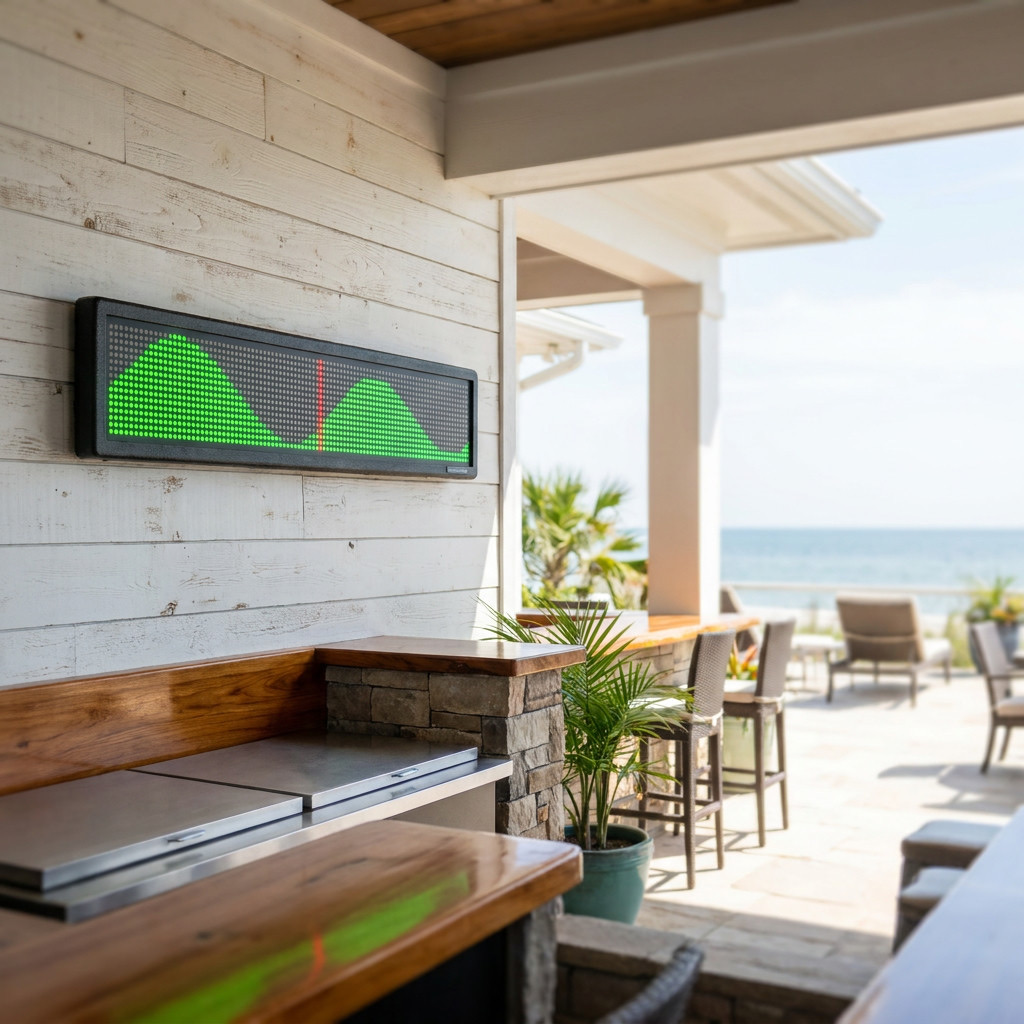 A Tidepiece mounted on the whitewashed shiplap wall of an oceanfront terrace, its green tide curve and red now-line glowing beside a view of the sea